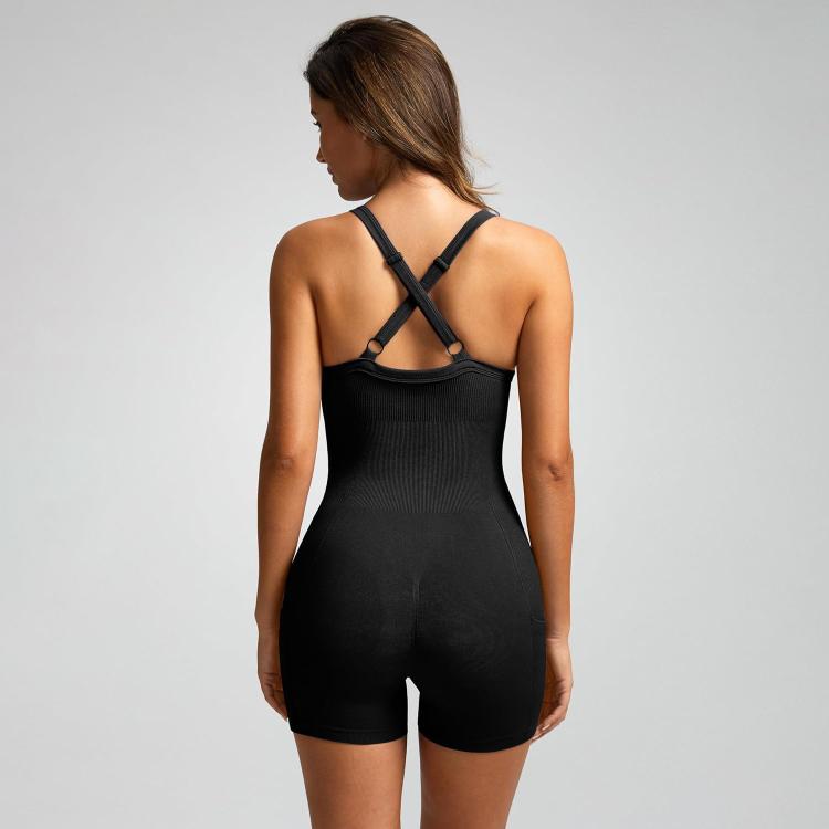 Women Seamless Ribbed Yoga Jumpsuit Cropped Racerback Workout Bodysuit with Side Pocket, Size: L(Black)