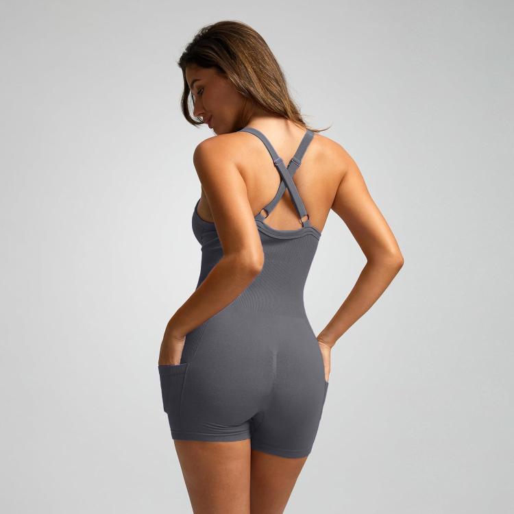 Women Seamless Ribbed Yoga Jumpsuit Cropped Racerback Workout Bodysuit with Side Pocket, Size: M(Deep Gray)