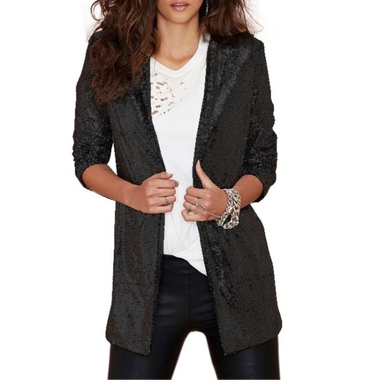 Women Sequined Suit Jacket Without Buckle Stage Clothing(Color:Black Size:S)
