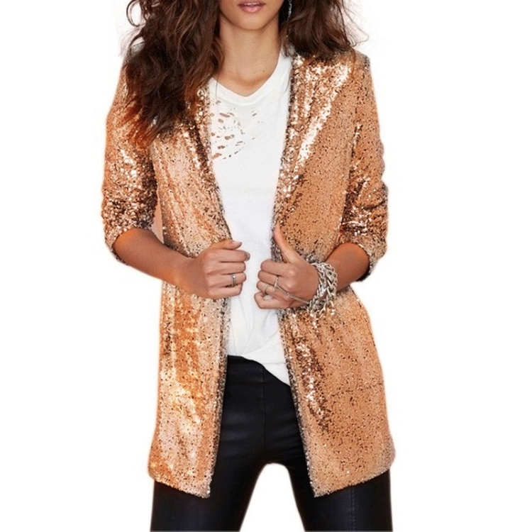 Women Sequined Suit Jacket Without Buckle Stage Clothing(Color:Gold Size:XXL)