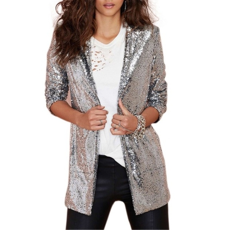 Women Sequined Suit Jacket Without Buckle Stage Clothing(Color:Silver Size:M)