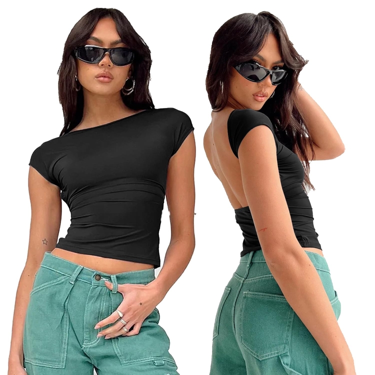 Women Sexy Backless Top Comfortable Breathable Slim Fit T-Shirt, Size: M(ESSO028 Black)
