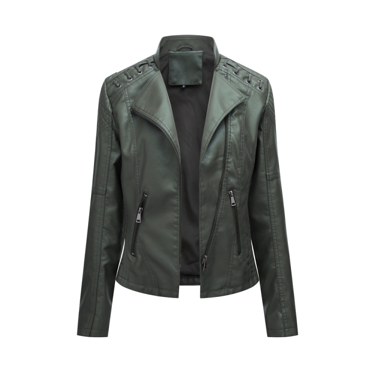 Women Short Leather Jacket Slim Jacket Motorcycle Suit, Size: L(Green)