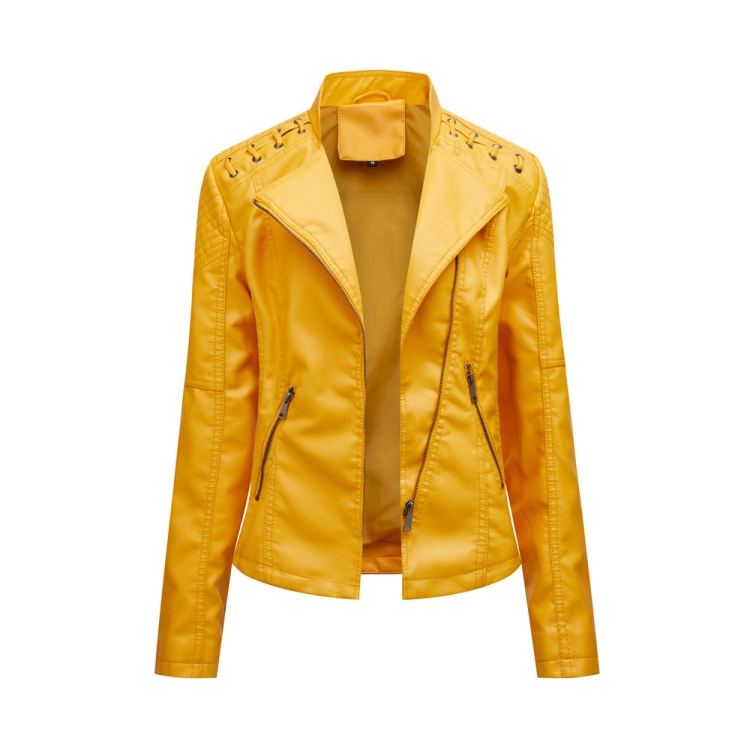 Women Short Leather Jacket Slim Jacket Motorcycle Suit, Size: L(Lemon Yellow)