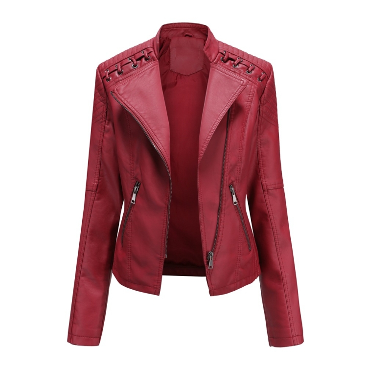 Women Short Leather Jacket Slim Jacket Motorcycle Suit, Size: M(Red)