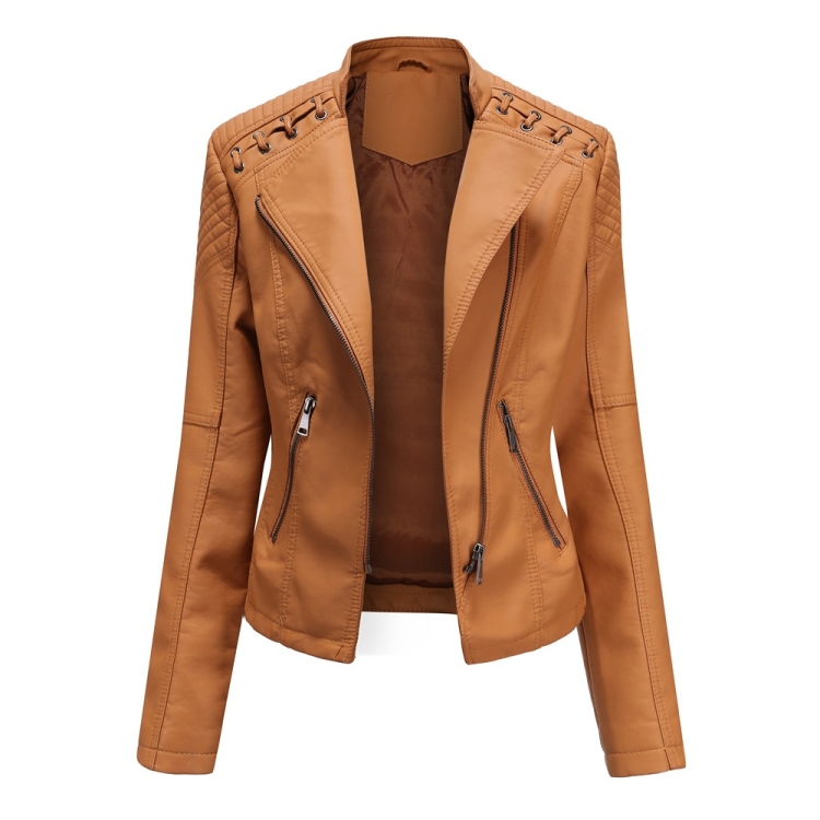 Women Short Leather Jacket Slim Jacket Motorcycle Suit, Size: S(Camel)