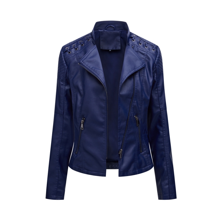 Women Short Leather Jacket Slim Jacket Motorcycle Suit, Size: S(Navy)