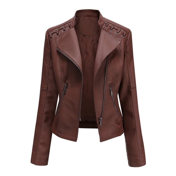 Women Short Leather Jacket Slim Jacket Motorcycle Suit, Size: XXXL(Coffee)