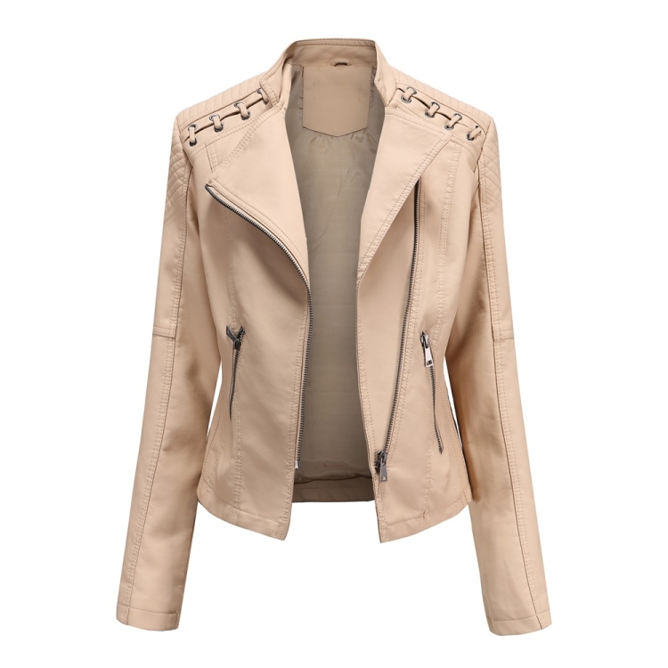 Women Short Leather Jacket Slim Jacket Motorcycle Suit, Size: XXXXL(Khaki)