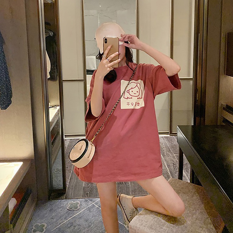 Women Short Sleeve Mid-Length Student Round Neck Loose Girl T-Shirt, Size: M(Pink)