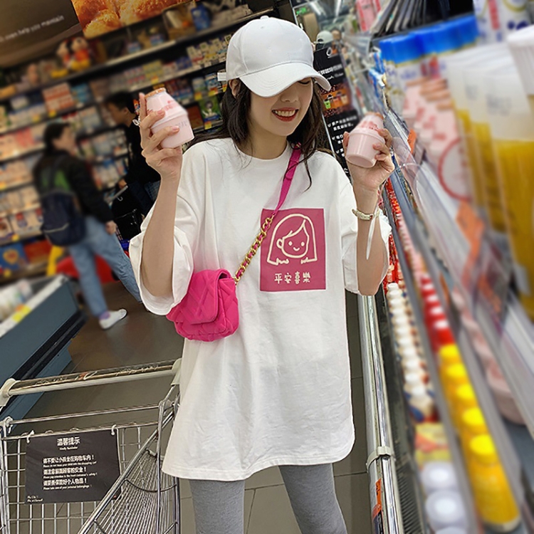 Women Short Sleeve Mid-Length Student Round Neck Loose Girl T-Shirt, Size: M(White)