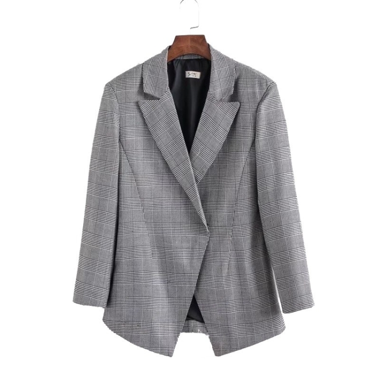 Women Slim Wild Dark Buckle Plaid Fashion Suit (Color:Grey Size:M)