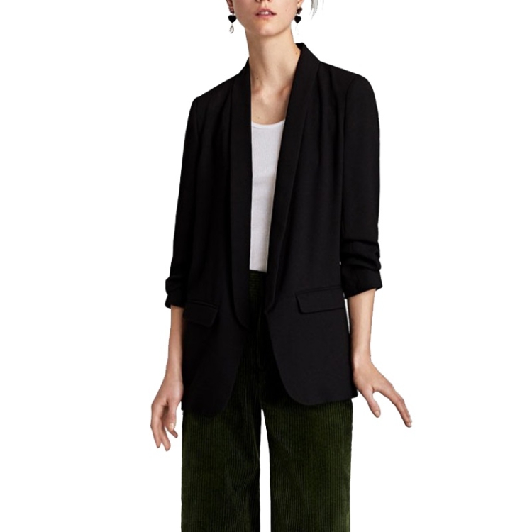 Women Solid Color Buckleless Slim Casual Suit (Color:Black Size:L)
