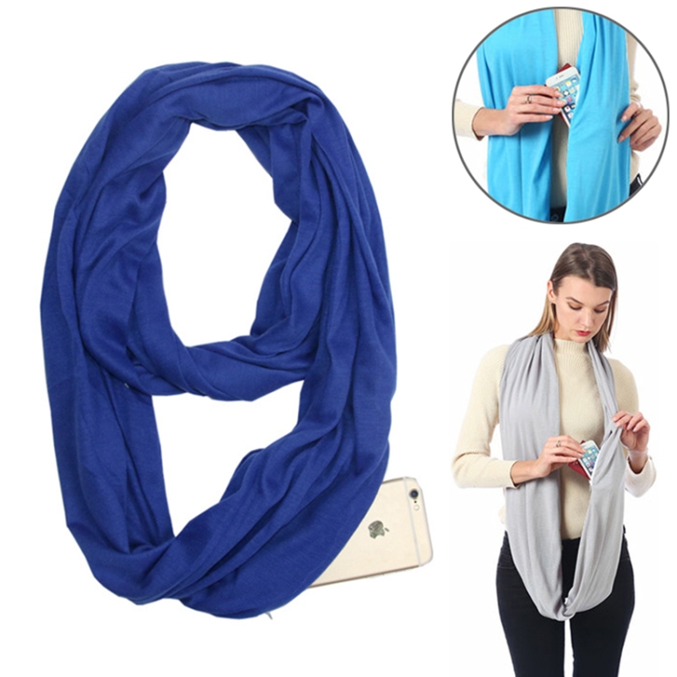 Women Solid Winter Infinity Scarf Pocket Loop Zipper Pocket Scarves (Blue)