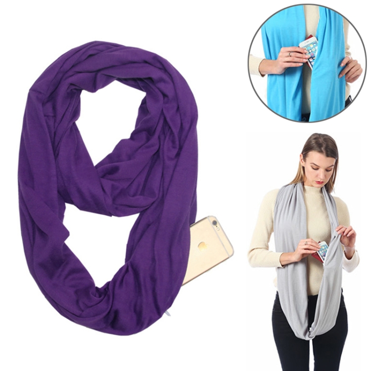Women Solid Winter Infinity Scarf Pocket Loop Zipper Pocket Scarves (Purple)