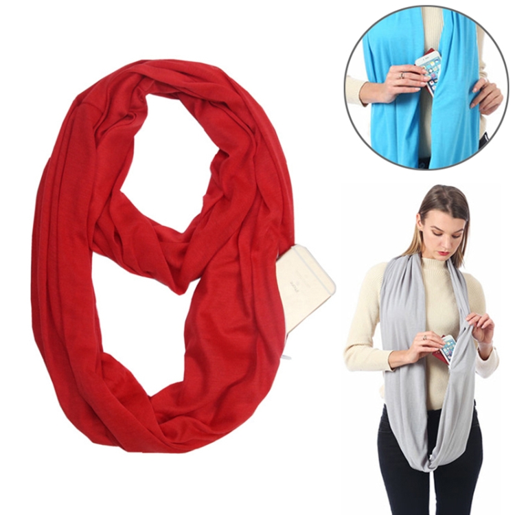 Women Solid Winter Infinity Scarf Pocket Loop Zipper Pocket Scarves (Red)