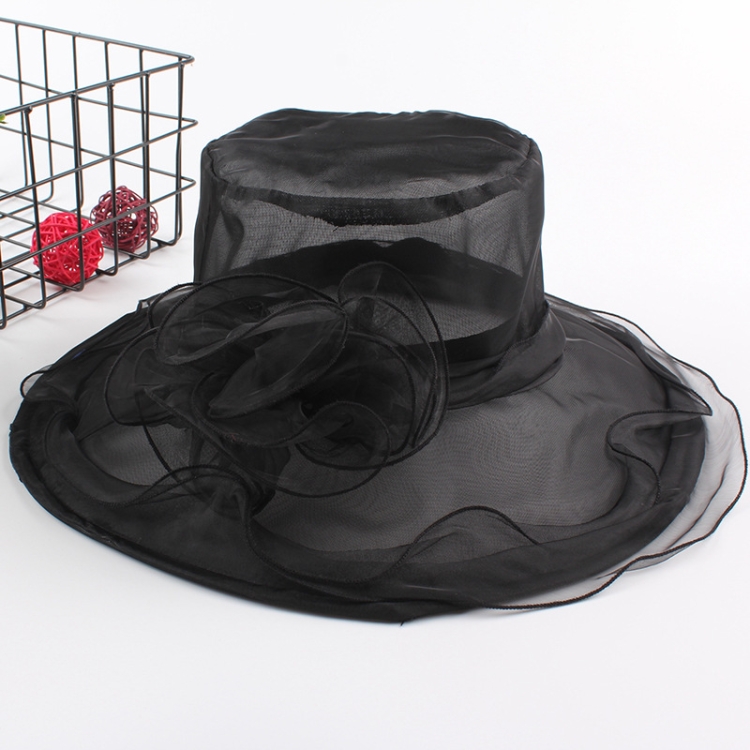 Women Spring and Summer Wide-brim Organza Hat Beach Folding Sun Hat(Black)
