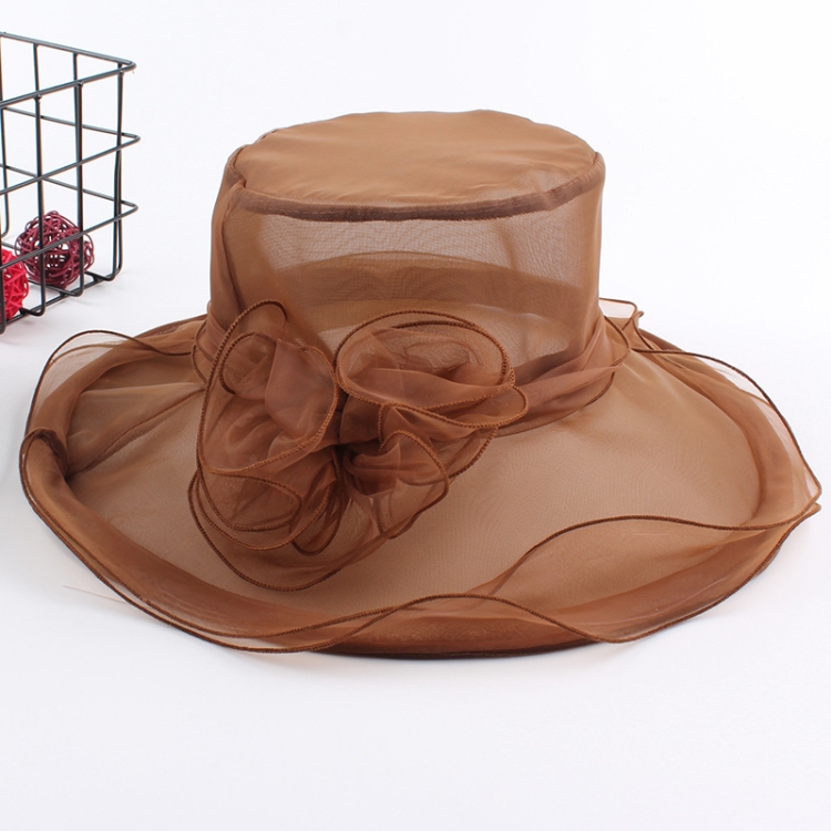 Women Spring and Summer Wide-brim Organza Hat Beach Folding Sun Hat(Coffee)