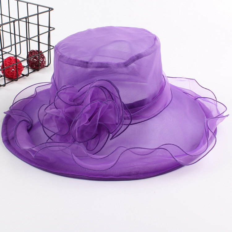 Women Spring and Summer Wide-brim Organza Hat Beach Folding Sun Hat(Purple)