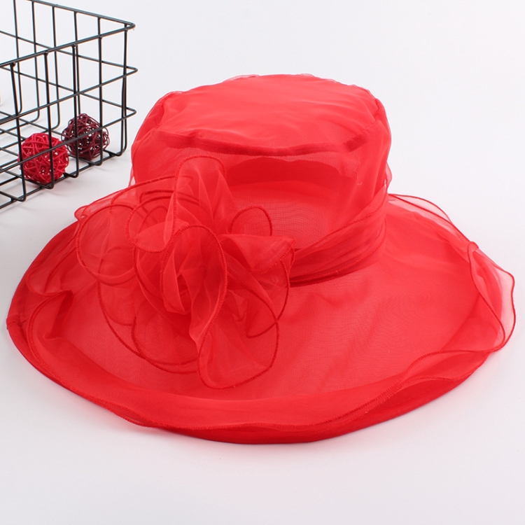 Women Spring and Summer Wide-brim Organza Hat Beach Folding Sun Hat(Red)