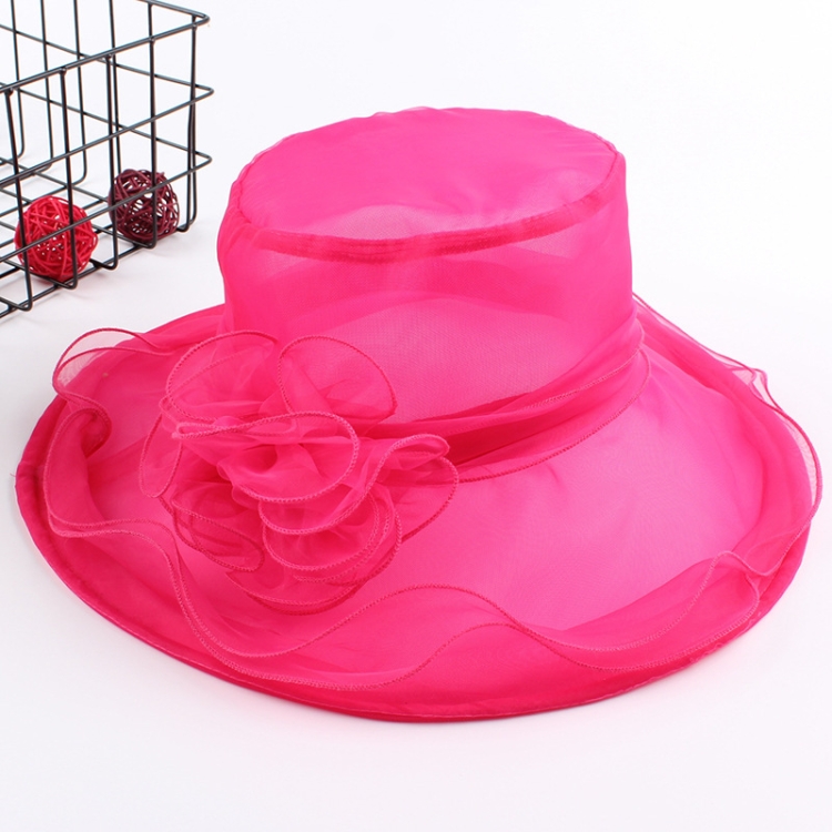 Women Spring and Summer Wide-brim Organza Hat Beach Folding Sun Hat(Rose)