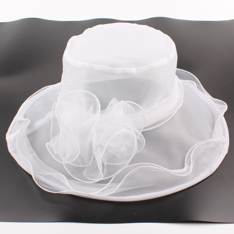 Women Spring and Summer Wide-brim Organza Hat Beach Folding Sun Hat(White)
