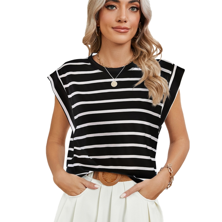 Women Stripe Style Summer Loose Top Basic T-Shirt Round Neck Casual Tank, Size: M(Black)