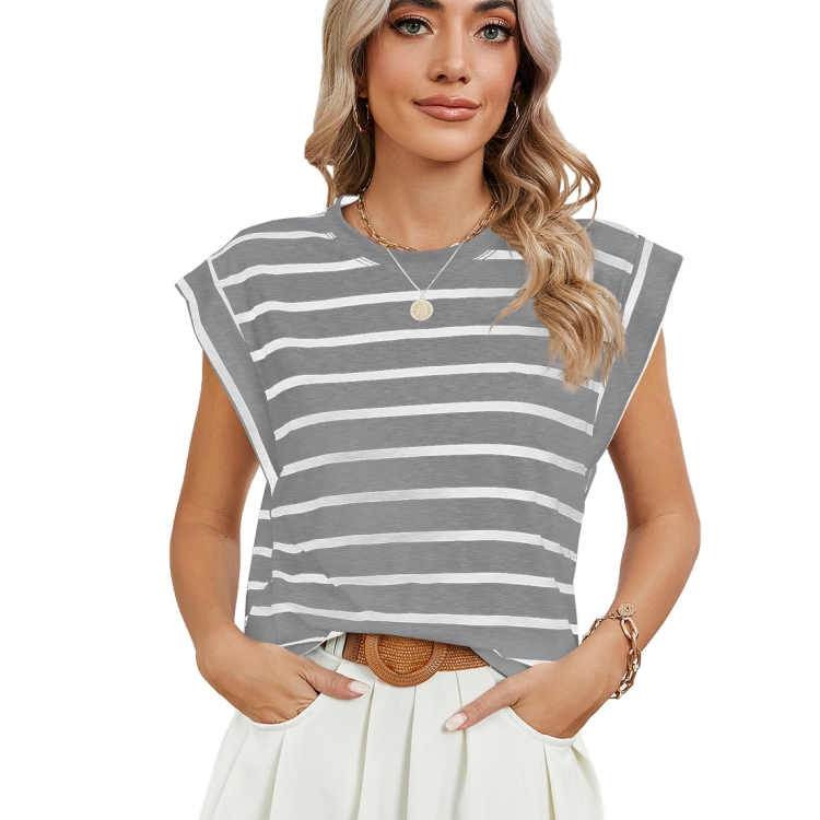 Women Stripe Style Summer Loose Top Basic T-Shirt Round Neck Casual Tank, Size: M(Gray)