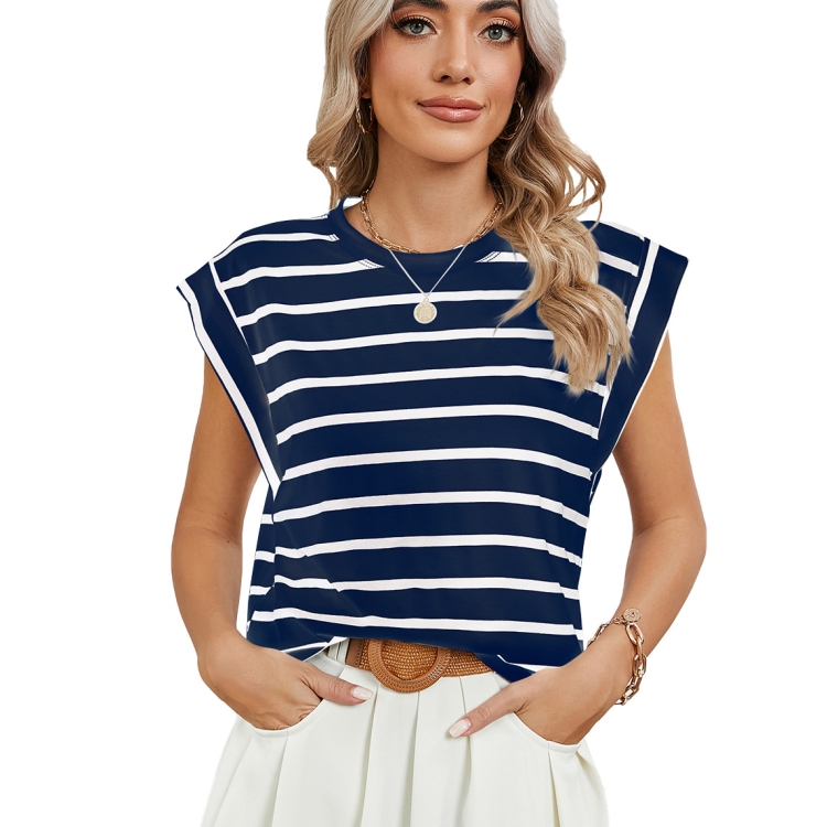 Women Stripe Style Summer Loose Top Basic T-Shirt Round Neck Casual Tank, Size: M(Tibetan)