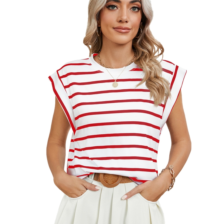 Women Stripe Style Summer Loose Top Basic T-Shirt Round Neck Casual Tank, Size: S(Red)