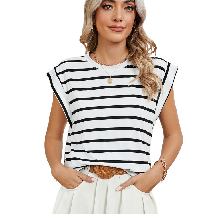 Women Stripe Style Summer Loose Top Basic T-Shirt Round Neck Casual Tank, Size: XXL(White)