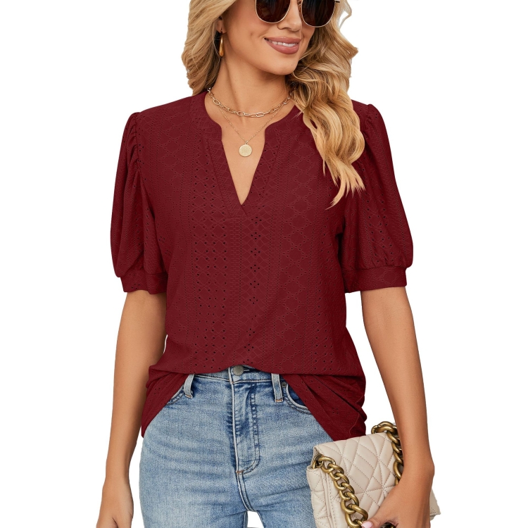 Women Summer Casual V-Neck Hollow Bubble Sleeve Loose T-Shirt, Size: XL(Wine Red)