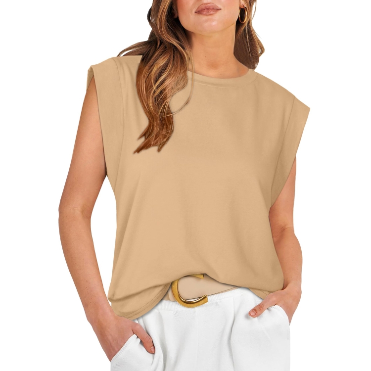 Women Summer Loose Top Basic T-Shirt Round Neck Casual Tank, Size: M(Apricot)