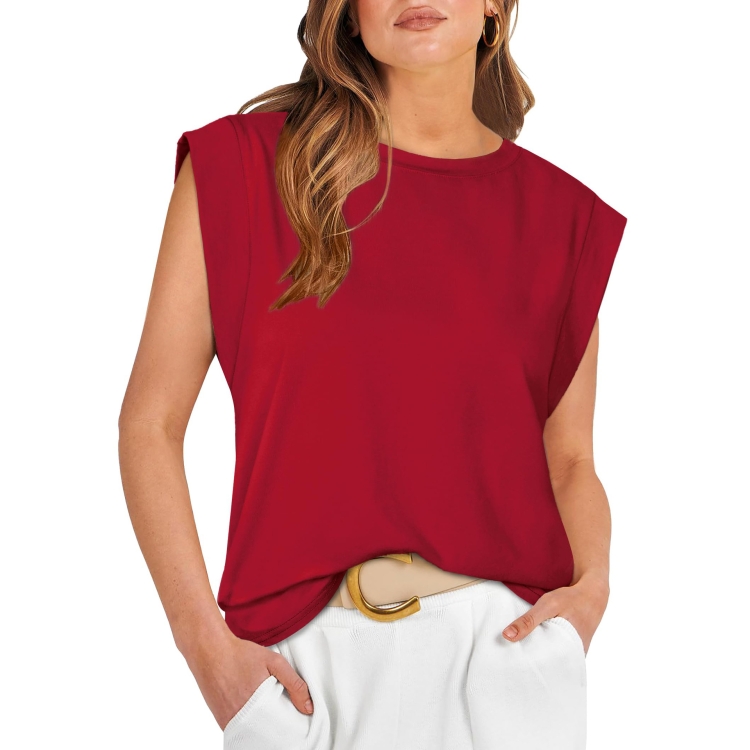 Women Summer Loose Top Basic T-Shirt Round Neck Casual Tank, Size: M(Wine Red)