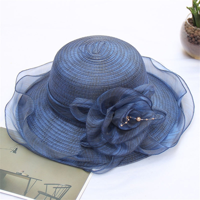 Women Summer Organza Flower Decoration Foldable Sun Hat Bucket Hat Formal Hat(Blue)