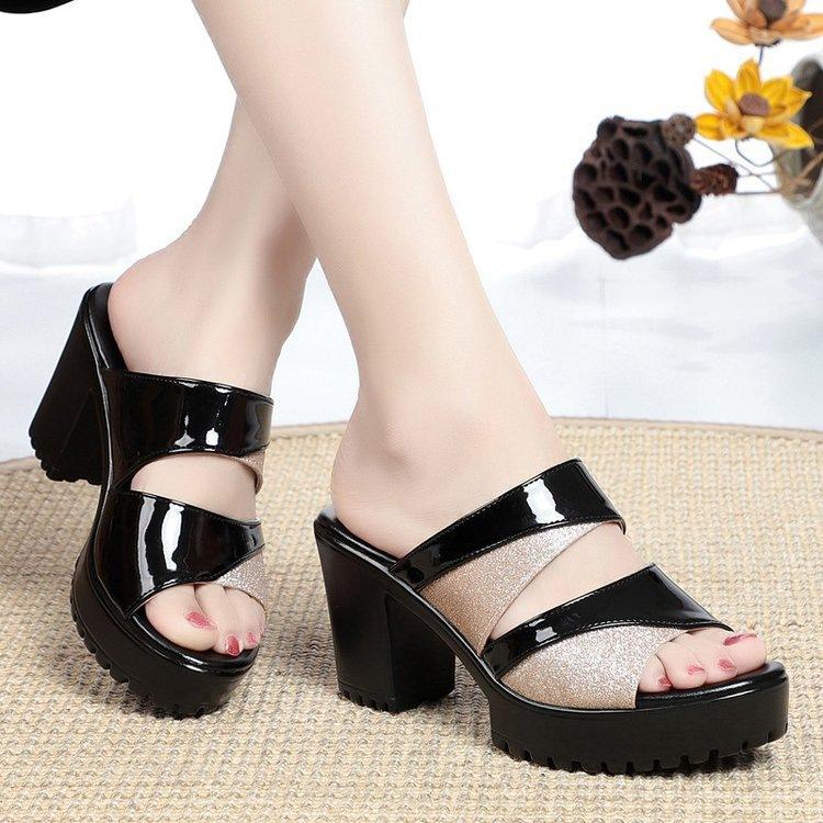 Women Summer Thick High Heel Platform Slippers Sandals Open Toe Comfortable Casual Outdoor Shoes, Size: 38(Black)