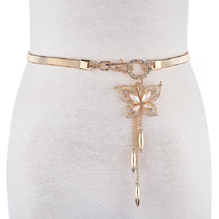 Women Thin Belt Metal Rhinestone Decorative Waist Chain, Length:68cm, Style:Four Pearls Pendant