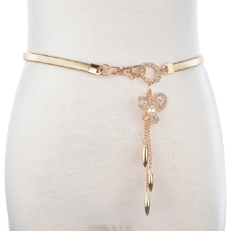 Women Thin Belt Metal Rhinestone Decorative Waist Chain, Length:68cm, Style:One Pearl Butterfly Pendant