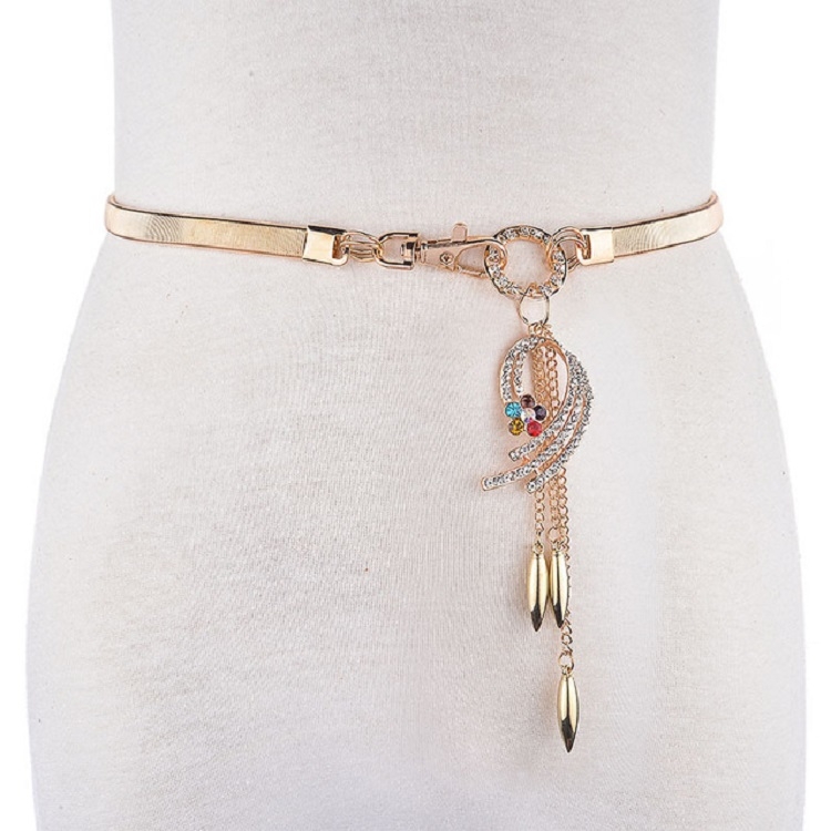 Women Thin Belt Metal Rhinestone Decorative Waist Chain, Length:75cm, Style:Five-color Peacock Tail Pendant
