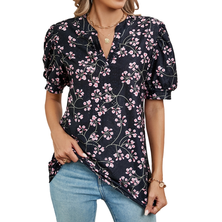 Women V-neck Loose Short-sleeved Printed T-shirt Top, Size: S(Cherry Blossom)