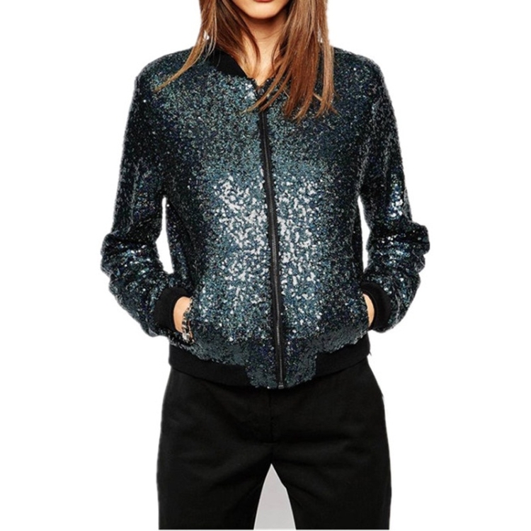 Women Wild Casual Sequin Jacket Short Coat (Color:Blue Size:M)