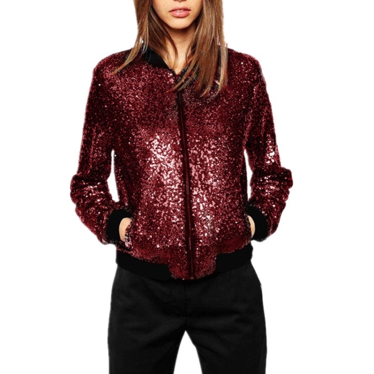 Women Wild Casual Sequin Jacket Short Coat (Color:Wine Red Size:XXL)