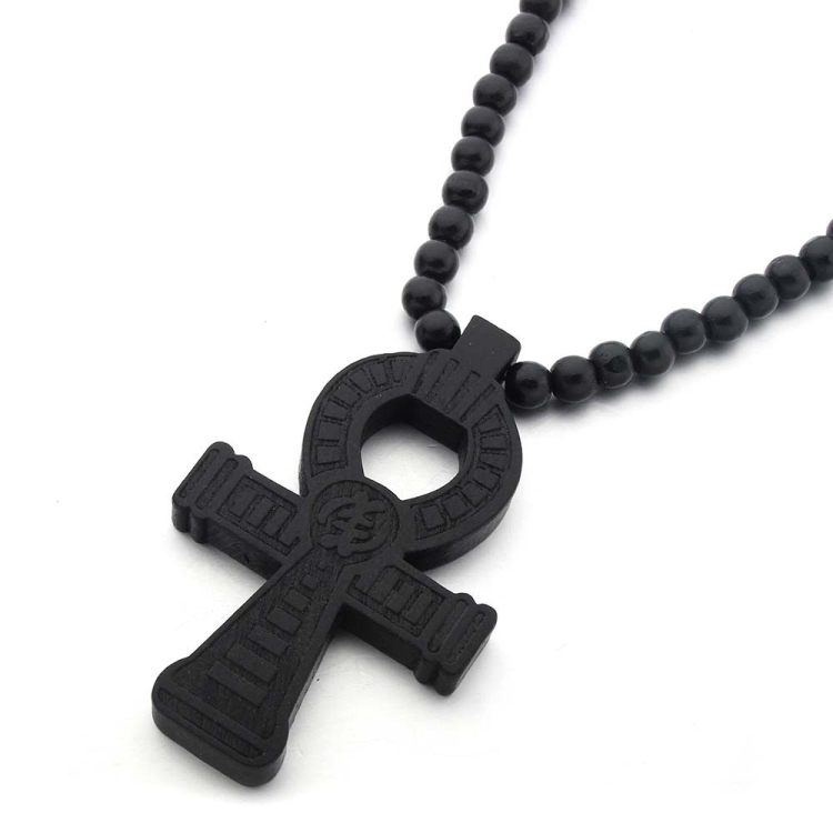 Wood Beads Cross Pendant Necklace Hip Hop Jewelry, Color: Black