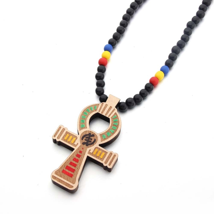 Wood Beads Cross Pendant Necklace Hip Hop Jewelry, Color: Color