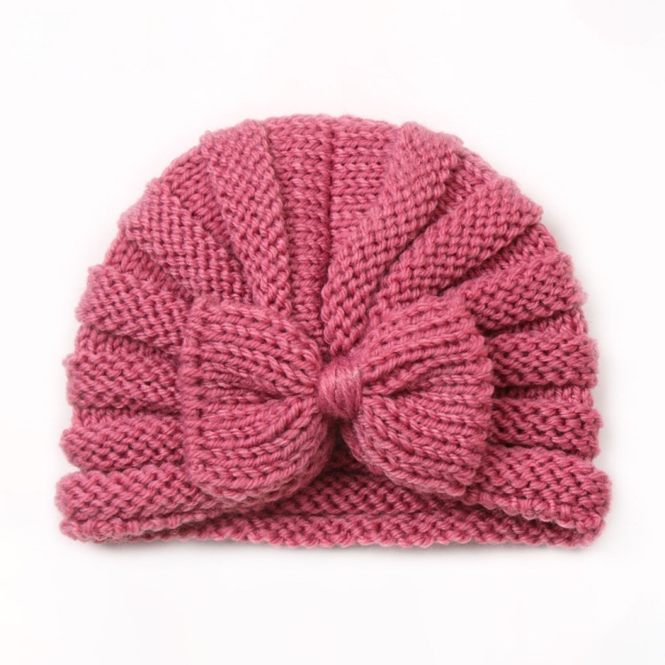 X-22035 Autumn and Winter Baby Bow Knitted Hat Children Warming Wool Cap(Leather Pink)