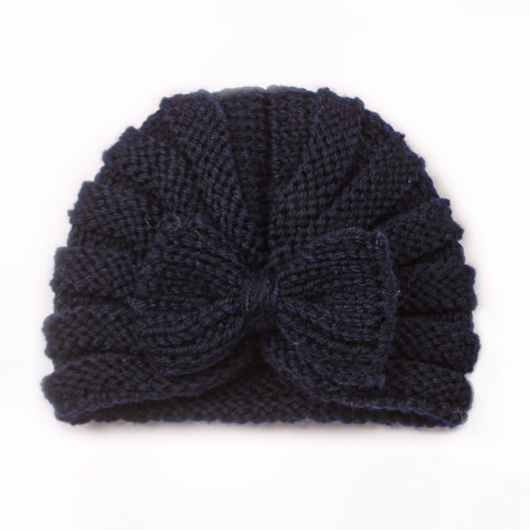 X-22035 Autumn and Winter Baby Bow Knitted Hat Children Warming Wool Cap(Navy Blue)