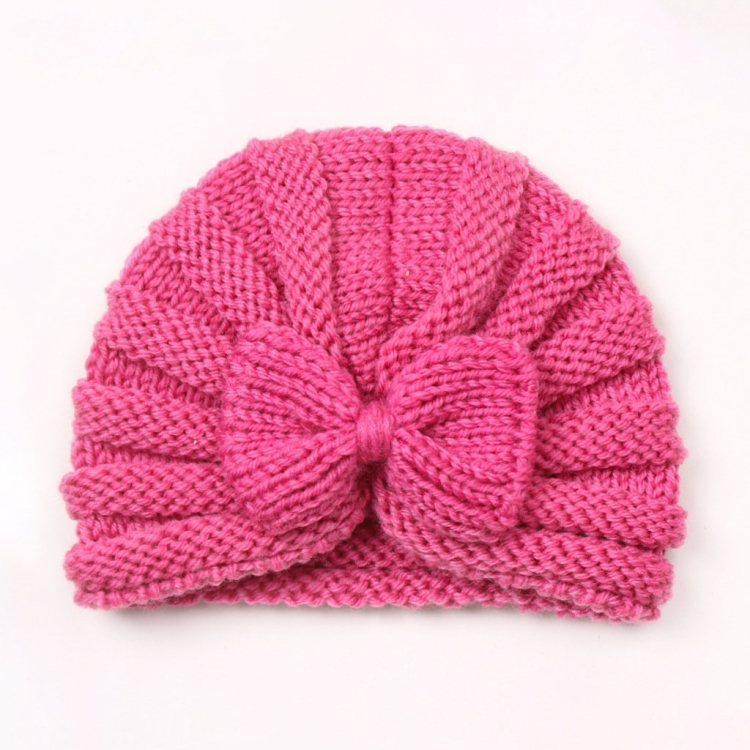 X-22035 Autumn and Winter Baby Bow Knitted Hat Children Warming Wool Cap(Rose Red)