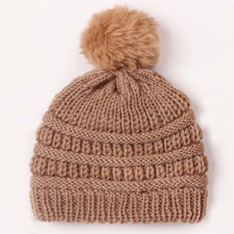 X-22044 Baby Knitted Cap Children Autumn and Winter Fur Ball Warming Cap(Coffee)