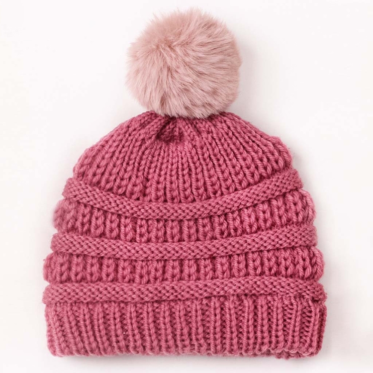X-22044 Baby Knitted Cap Children Autumn and Winter Fur Ball Warming Cap(Deep Bean Color)