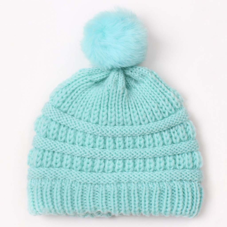 X-22044 Baby Knitted Cap Children Autumn and Winter Fur Ball Warming Cap(Mint Green)